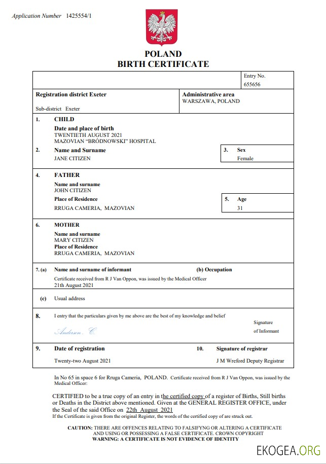 Modèle Word et PDF d'acte de naissance d'acte d'état civil en Pologne